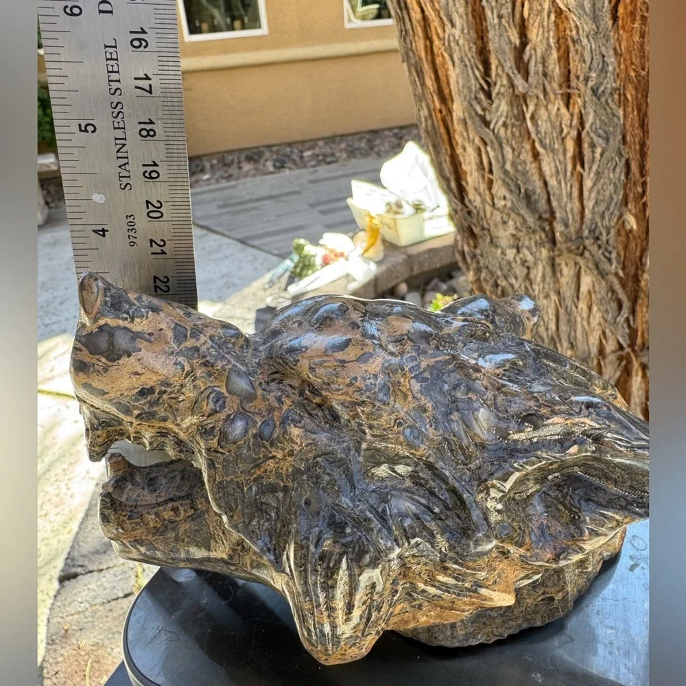 Jasper Wolf Head Sculpture in Brown and Black